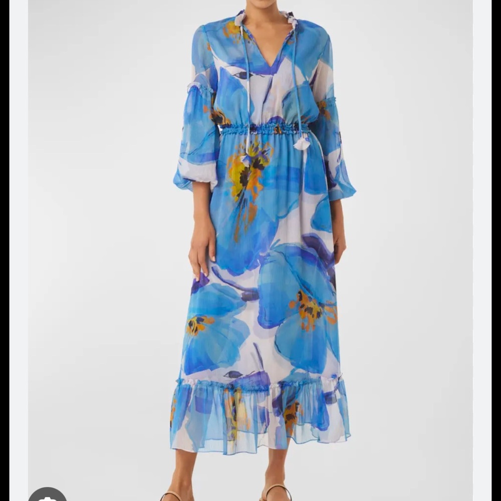 MISA Los Angeles Dress Amata Ruffled Chiffon Midi Blue Whte Floral Boho Classic